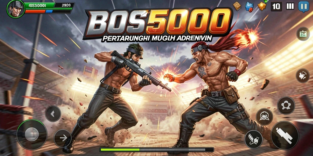 Tangkapan layar utama BOS5000 menunjukkan pertarungan aksi yang intens.