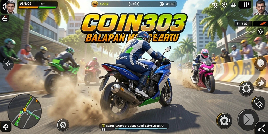 Screenshot gameplay COIN303 menampilkan balapan motor yang intens.