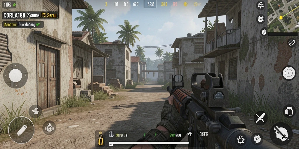 Tampilan gameplay intens dari CORLA188 dengan aksi FPS yang mendebarkan.