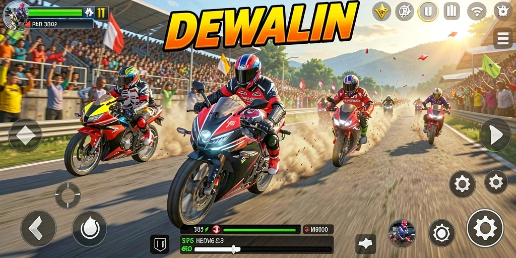 Gameplay seru DEWALIN dengan balapan motor yang mendebarkan.