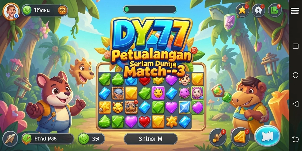 Screenshot utama DY777 menampilkan gameplay Match-3 yang seru dan berwarna.