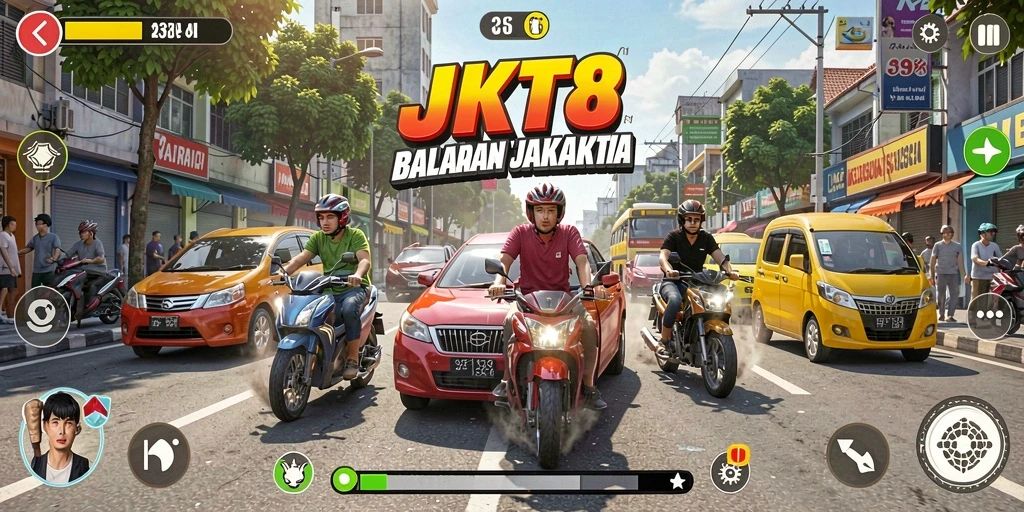 Gameplay balapan seru JKT8 dengan grafis menakjubkan.