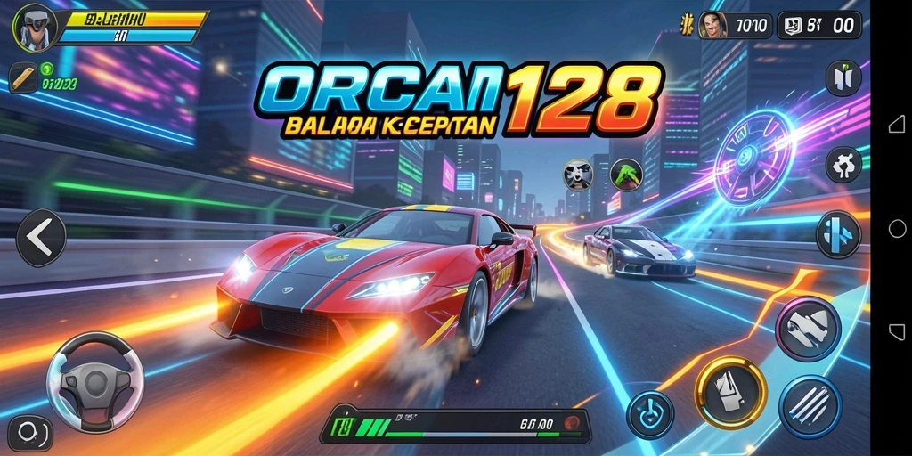 Screenshot gameplay ORCA128 menunjukkan aksi balap yang mendebarkan.