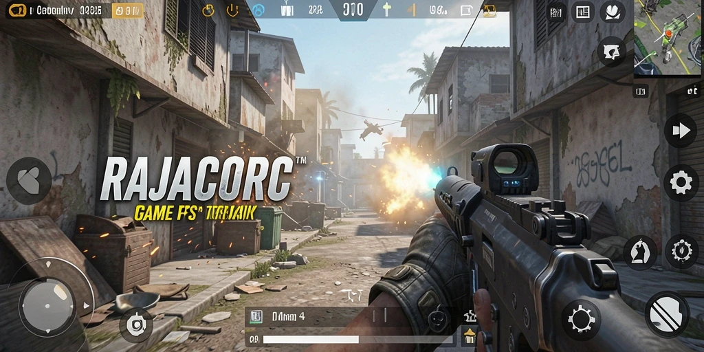 Screenshot gameplay RAJACORC yang menampilkan aksi seru dalam pertempuran FPS.