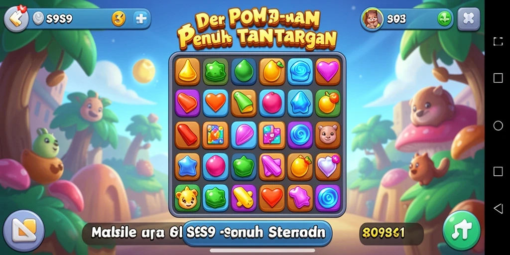 Screenshot utama S9S9 menunjukkan gameplay Match-3 yang vibrant.