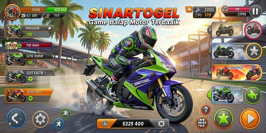 Gameplay utama SINARTOGEL menampilkan balap motor yang mendebarkan dengan rintangan.